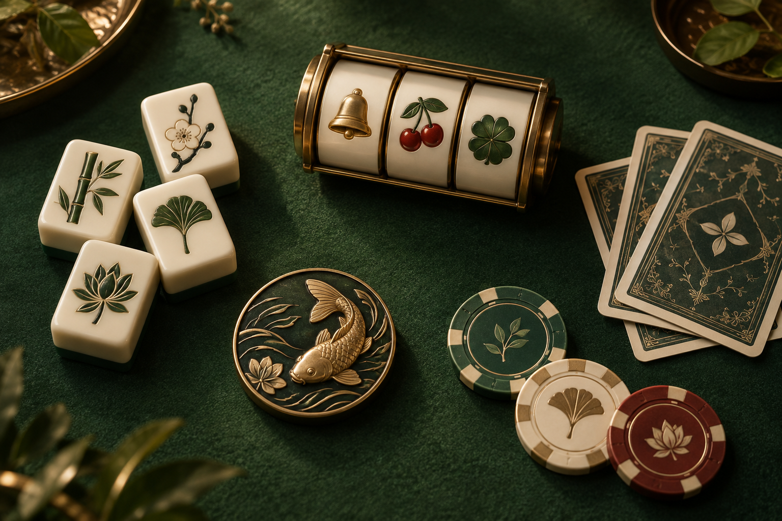 Perangkat permainan kasino berupa kartu, keping, ubin dan gulungan slot