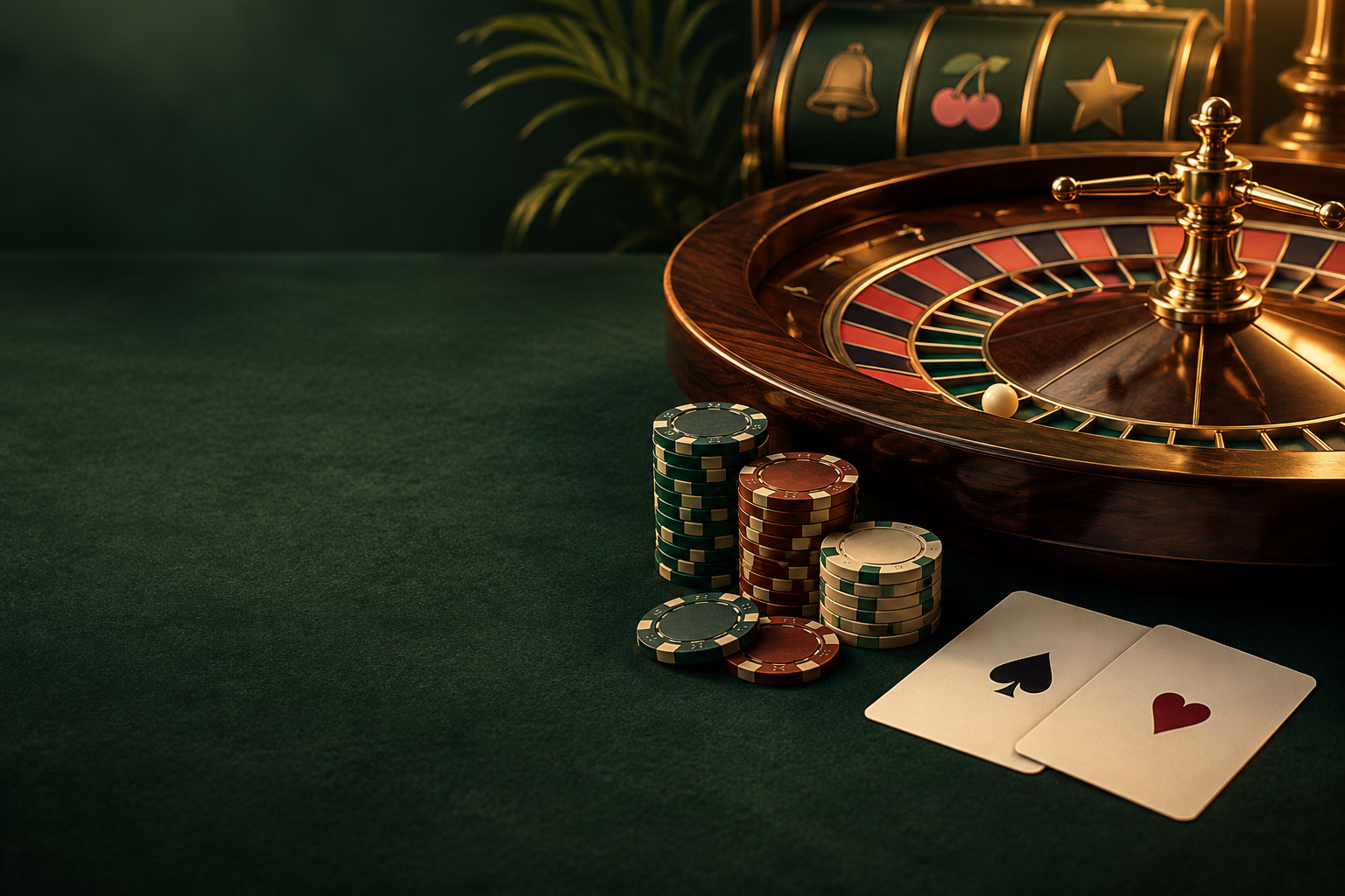 Meja roulette dengan kartu dan keping kasino dalam cahaya hangat